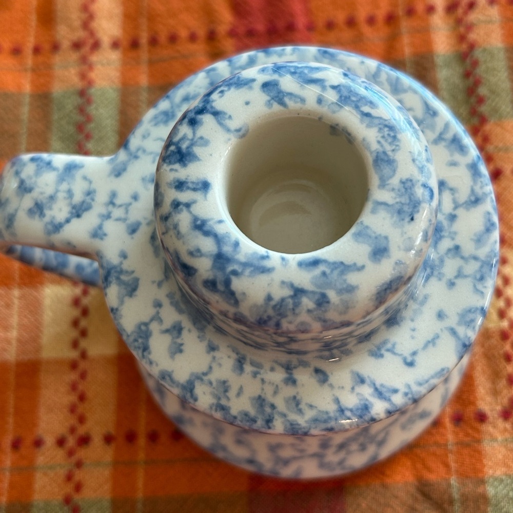 Country Blue And White Spongeware Candleholder With Handle Decor - Picture 2 of 6